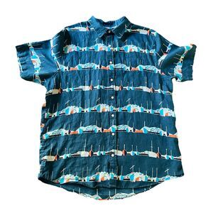 Lands’ End Men’s Shirt XLT 100 % Linen Sail Boat Teal